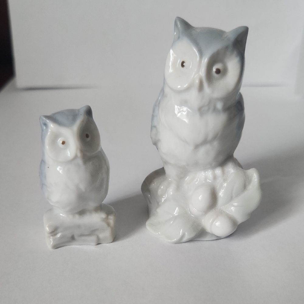 Porcelain Owl Figurine Set - White and Gray